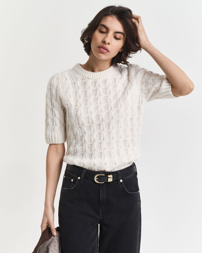 Puff Sleeve Cable Knit Short Sleeve Top