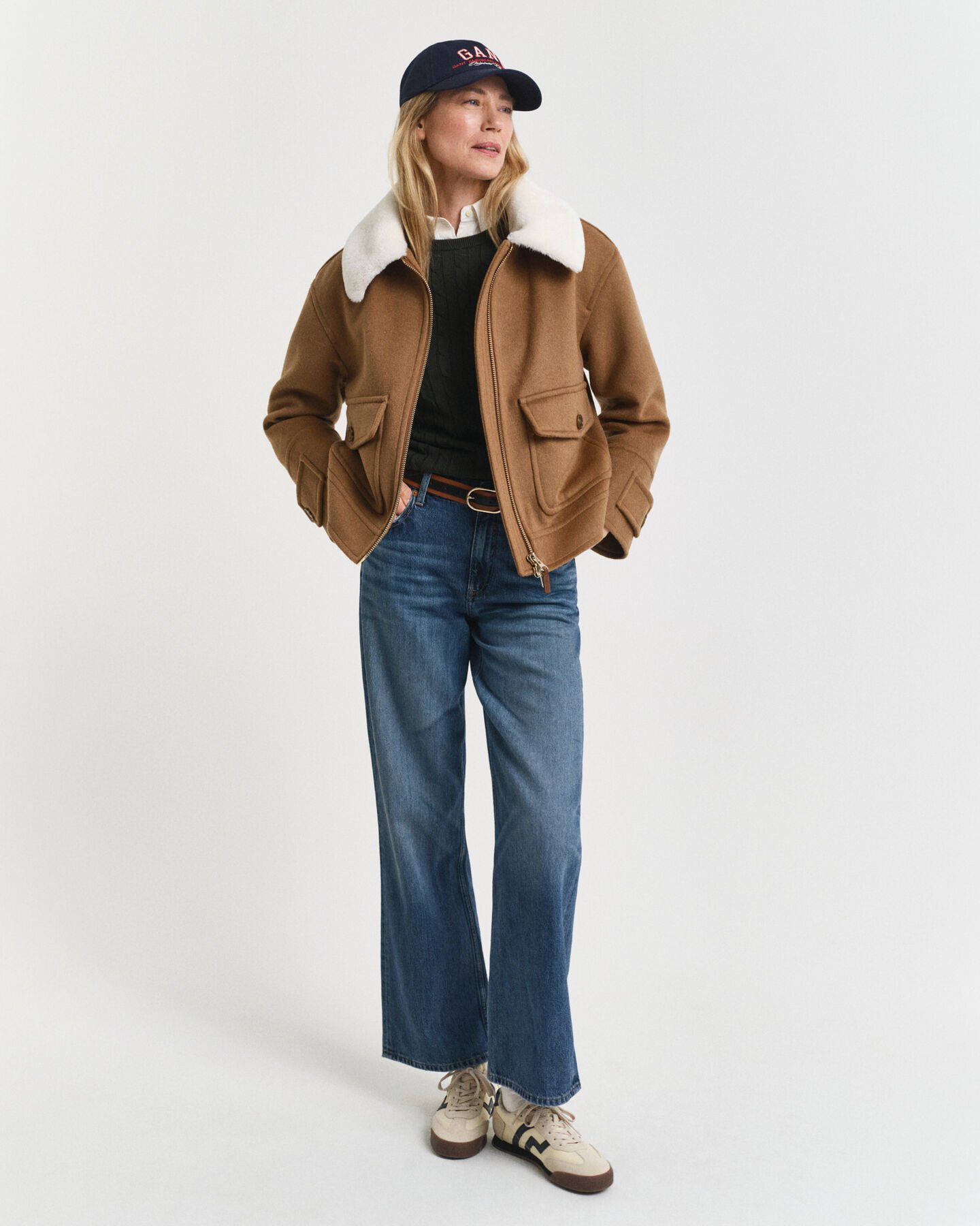 Stretch Cotton Cable Knit Crew Neck Sweater