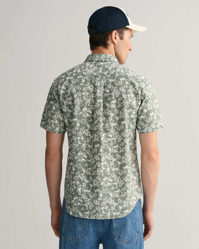 Regular Fit Floral Print Cotton Linen Short Sleeve Shirt