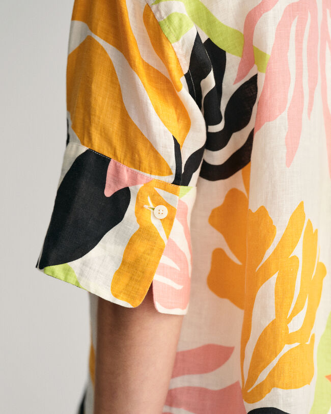 Relaxed Fit Palm Print Linen Short Sleeve Shirt