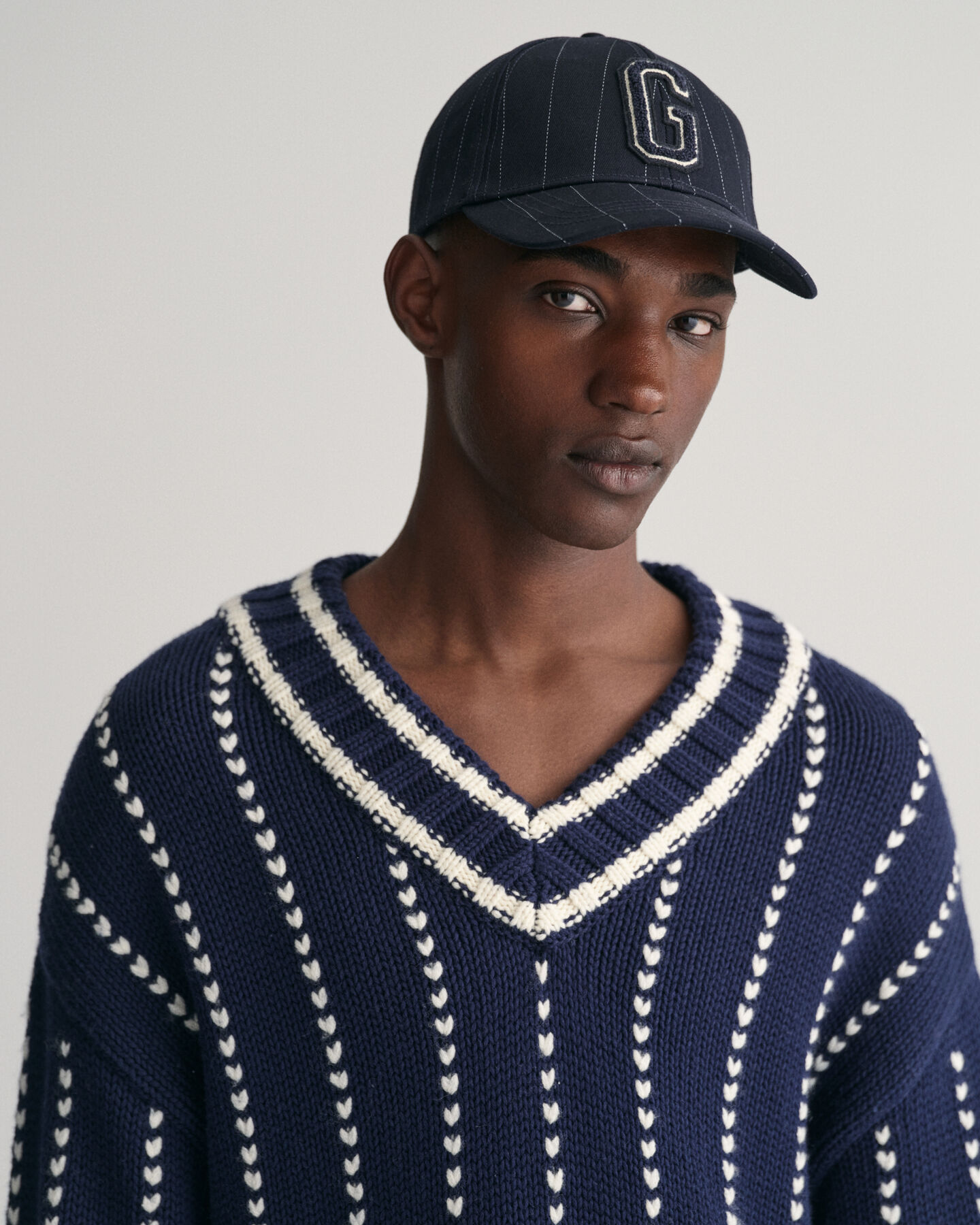 Pinstripe Collegiate V-Neck Sweater
