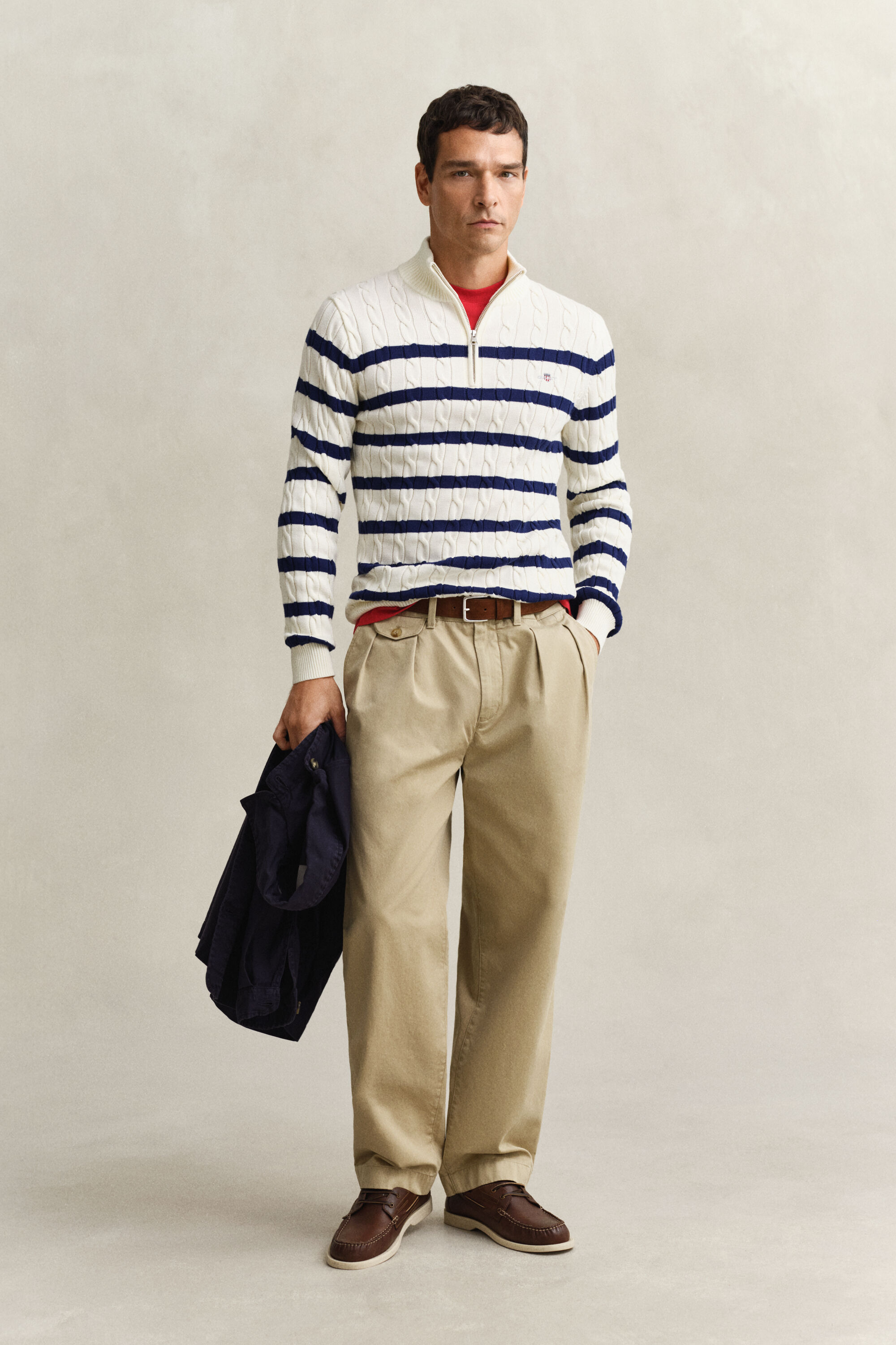 Striped Cotton Cable Knit Half-Zip Sweater