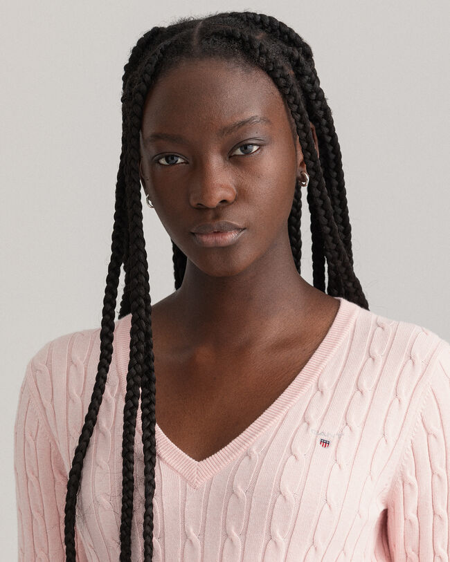 Stretch Cotton Cable V-Neck Sweater