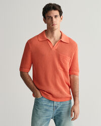 Ribbed Linen Blend Short Sleeve Polo Sweater