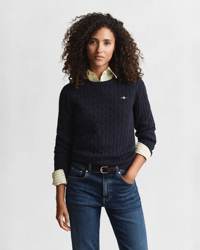 Stretch Cotton Cable Knit Crew Neck Sweater