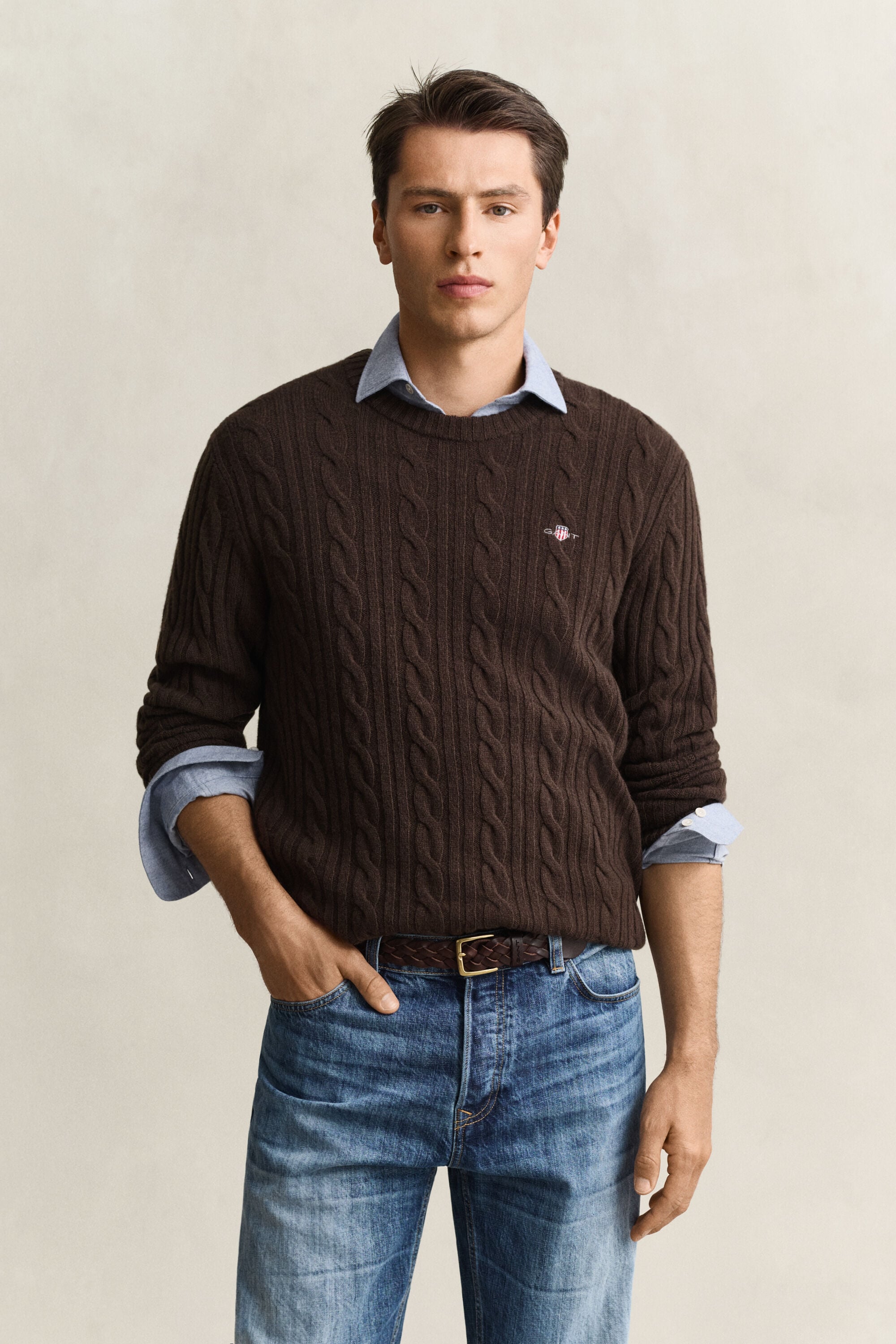 Lambswool Cable Knit Crew Neck Sweater