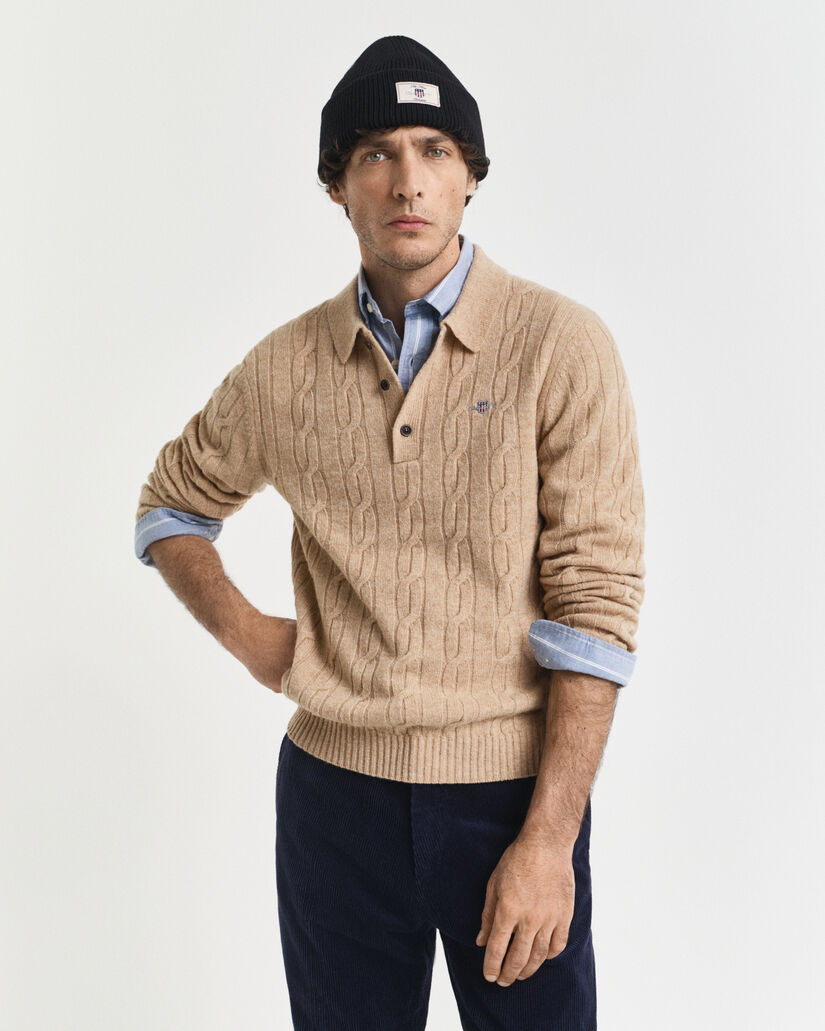 Lambswool Cable Knit Polo Sweater