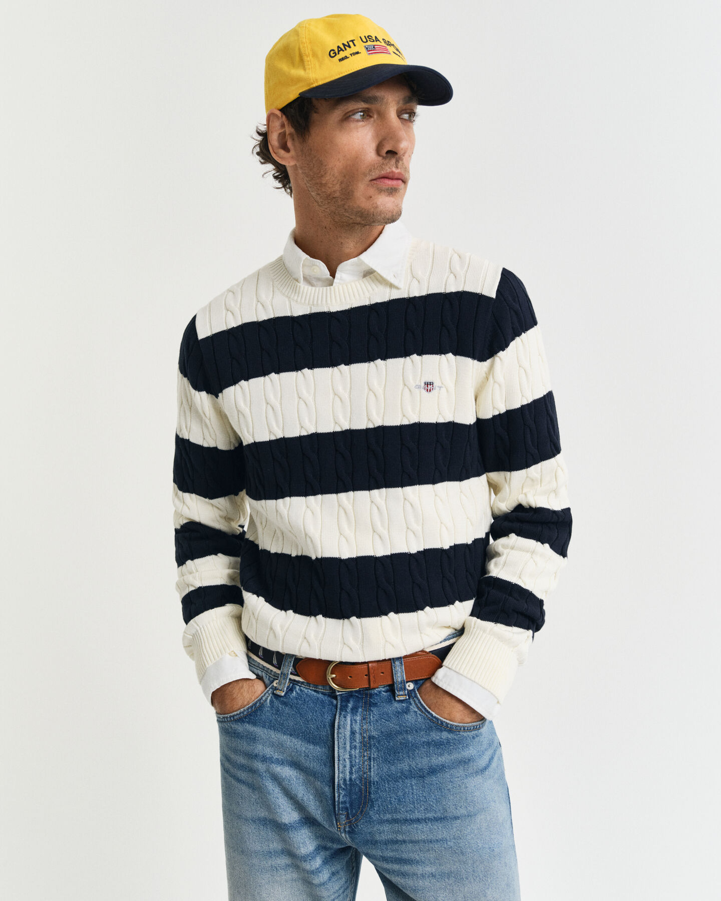 Striped Cotton Cable Knit Crew Neck Sweater