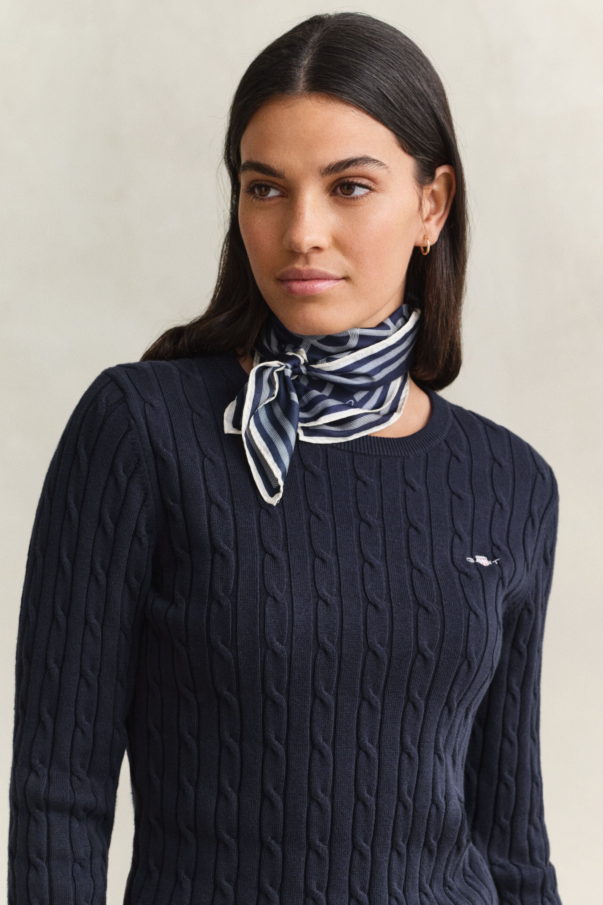 Stretch Cotton Cable Knit Crew Neck Sweater