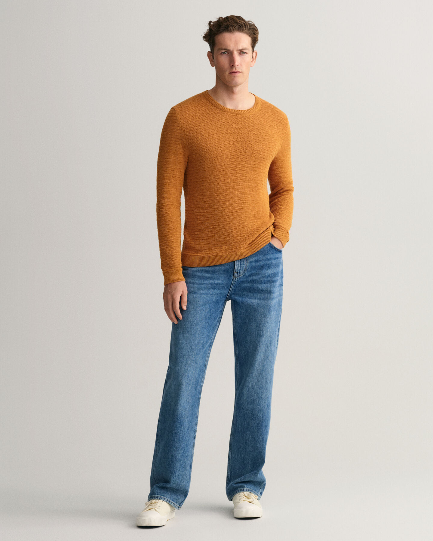 Textured Cotton Linen Crew Neck Sweater