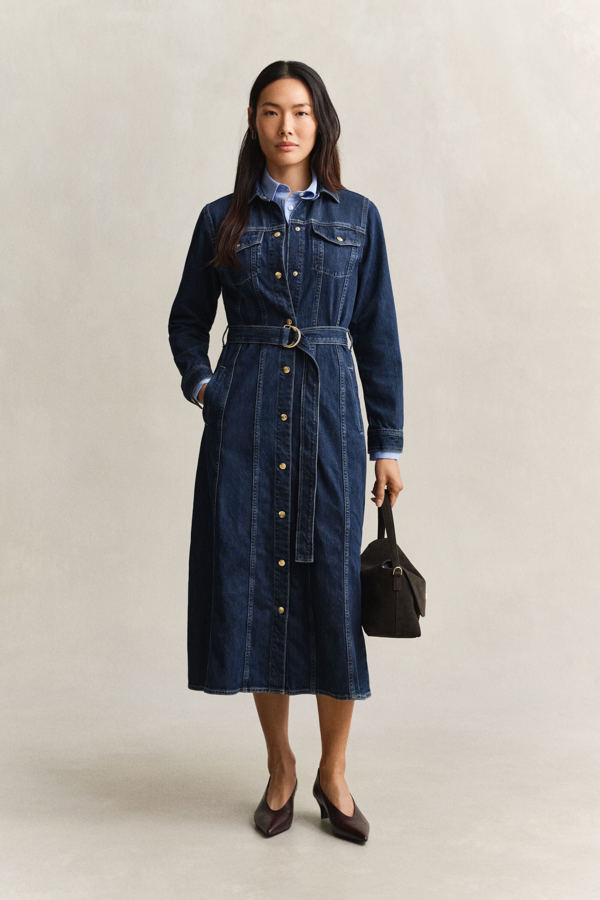 Belted Denim Midi Dress
