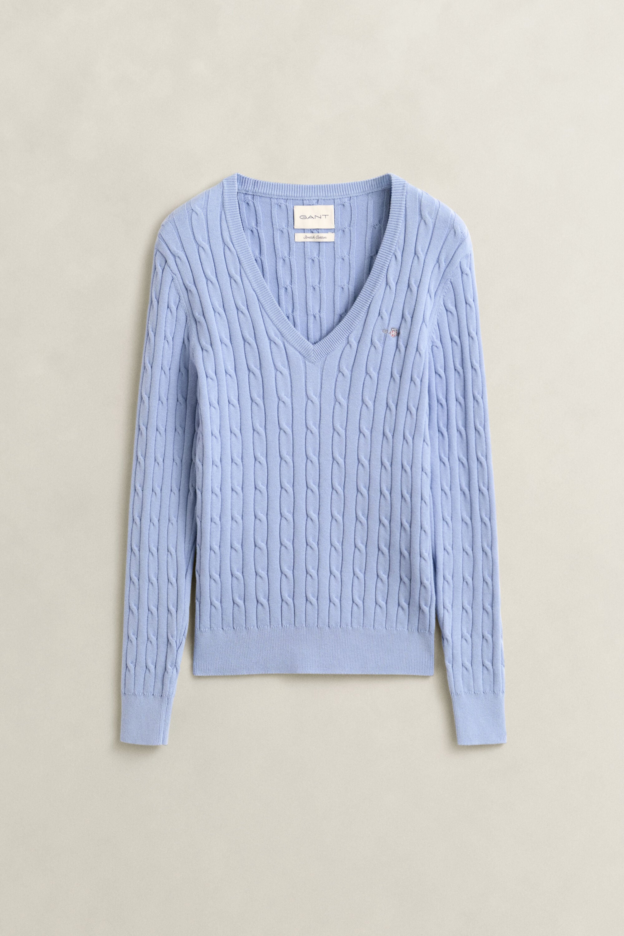 Stretch Cotton Cable Knit V-Neck Sweater