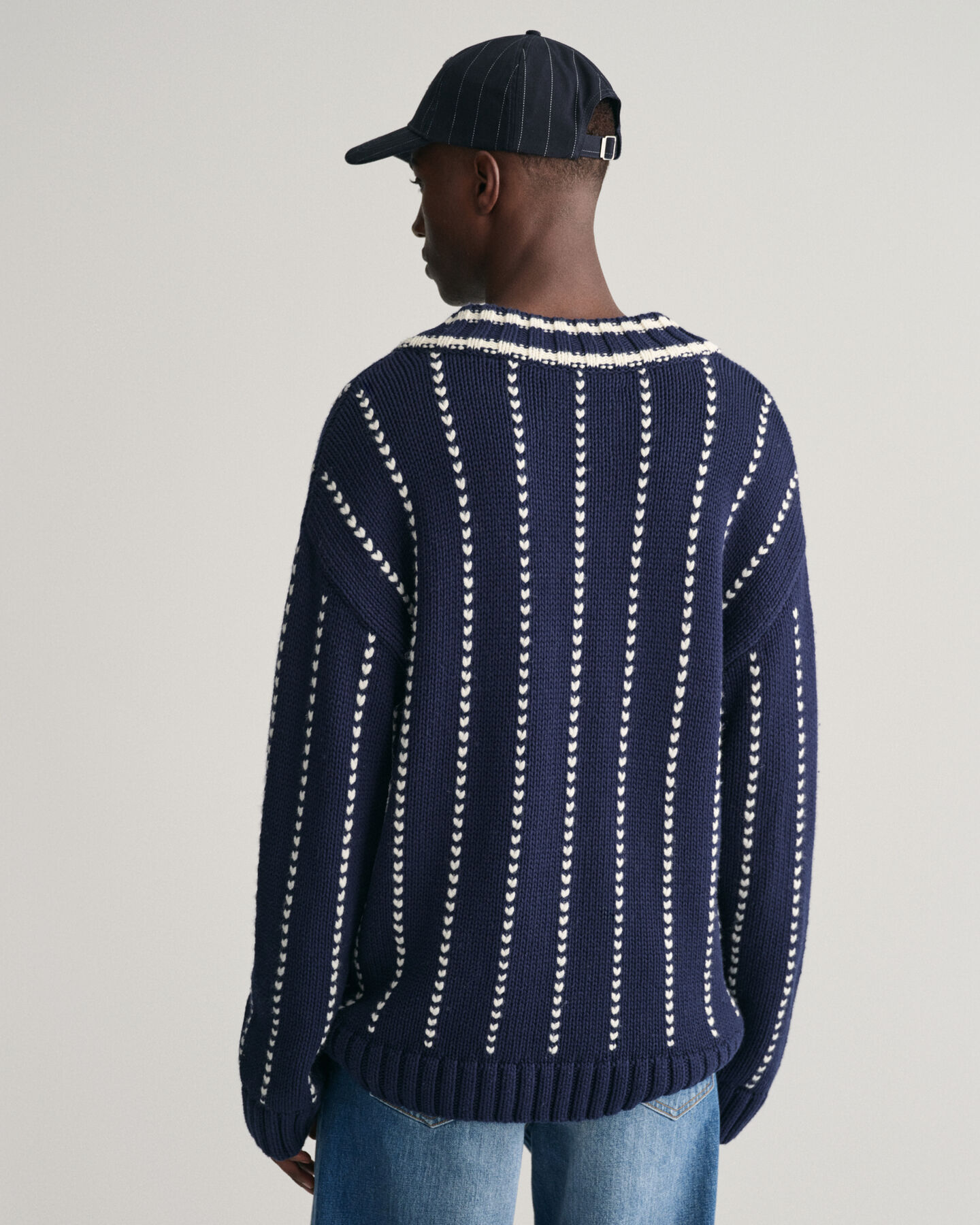 Pinstripe Collegiate V-Neck Sweater