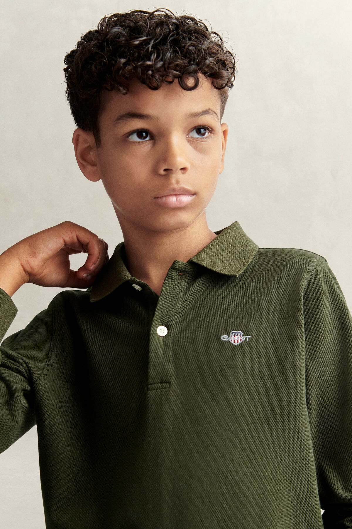 Teen Boys Shield Long Sleeve Polo Shirt — DARK MOSS GREEN