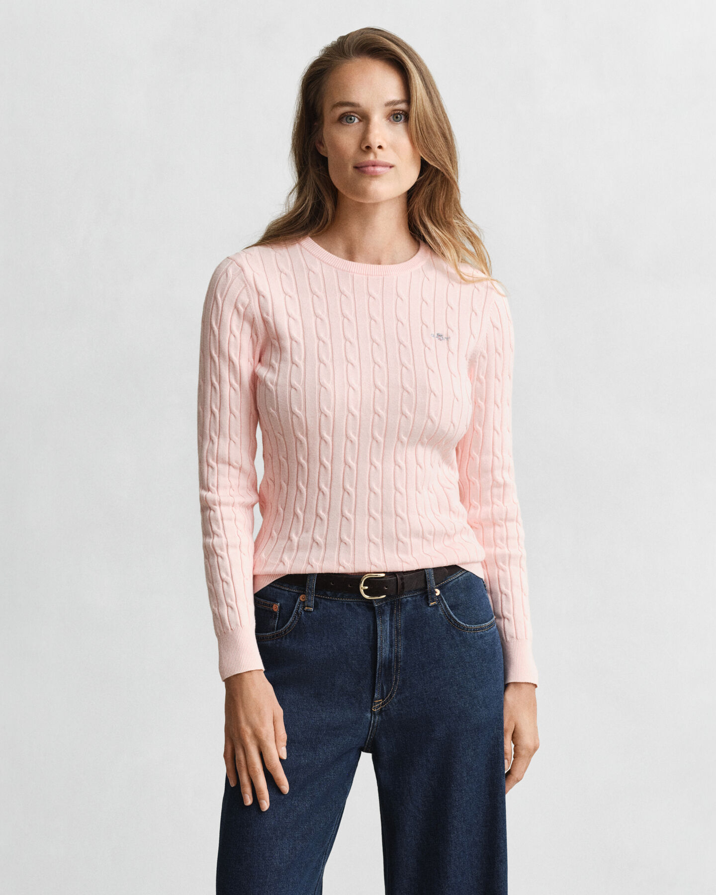 Stretch Cotton Cable Knit Crew Neck Sweater