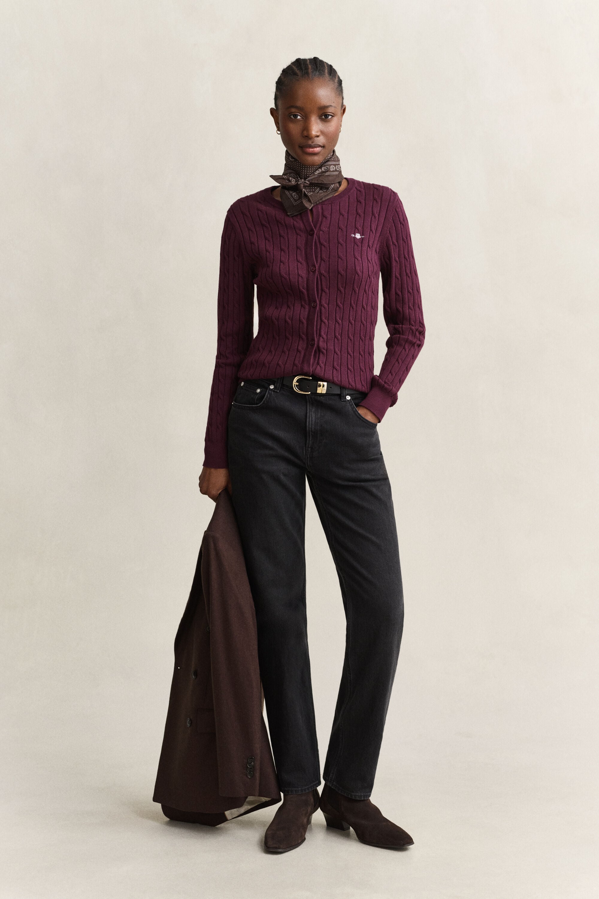 Stretch Cotton Cable Knit Cardigan