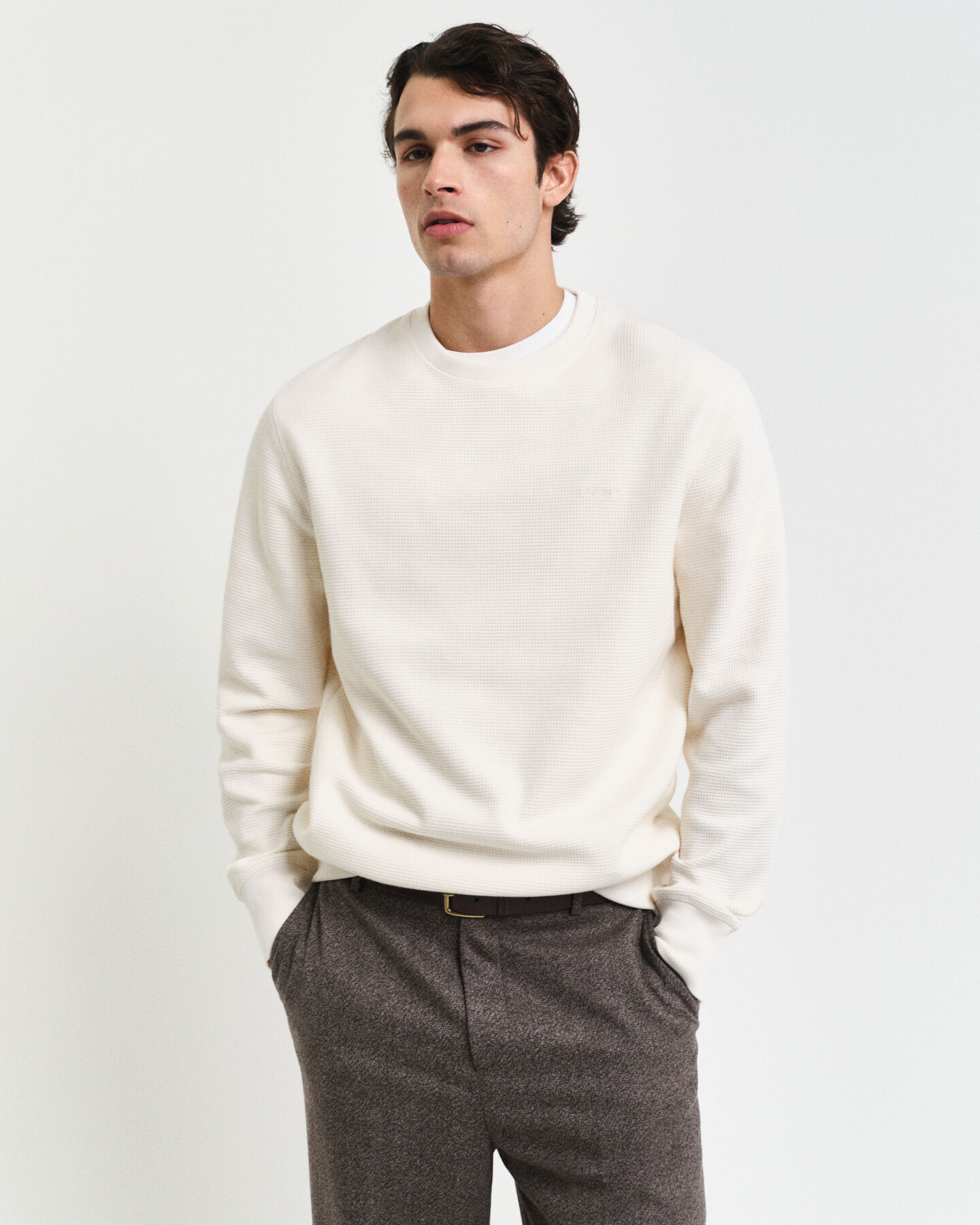 Waffle Textured Crew Neck Sweatshirt