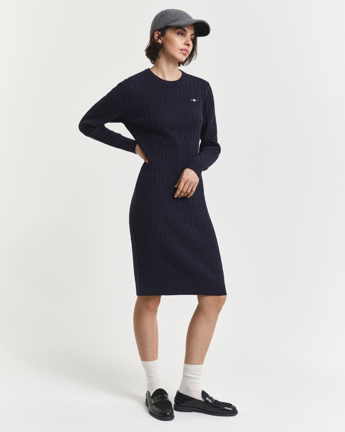 Stretch Cotton Cable Knit Crew Neck Dress