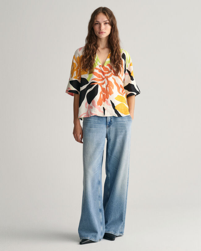 Relaxed Fit Palm Print Linen Short Sleeve Shirt