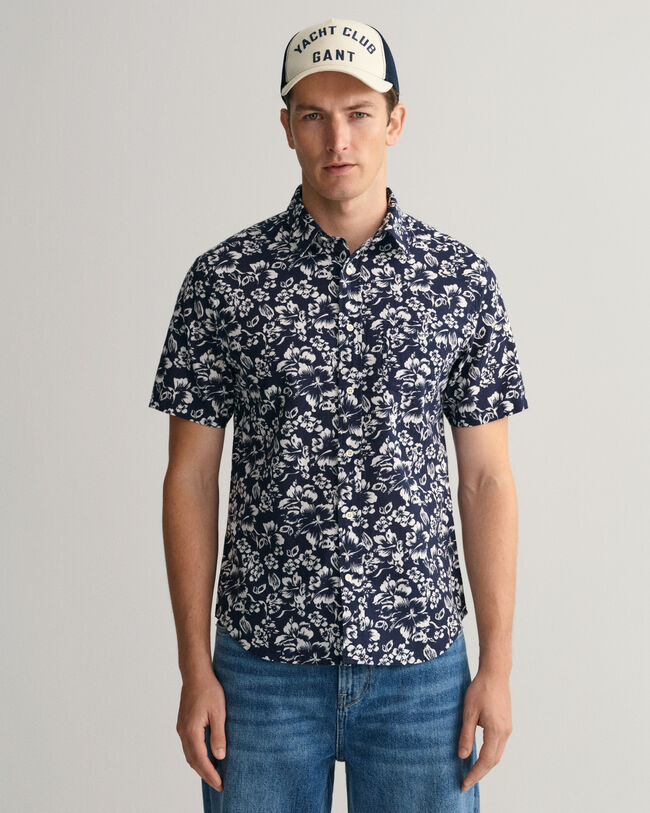Regular Fit Floral Print Cotton Linen Short Sleeve Shirt