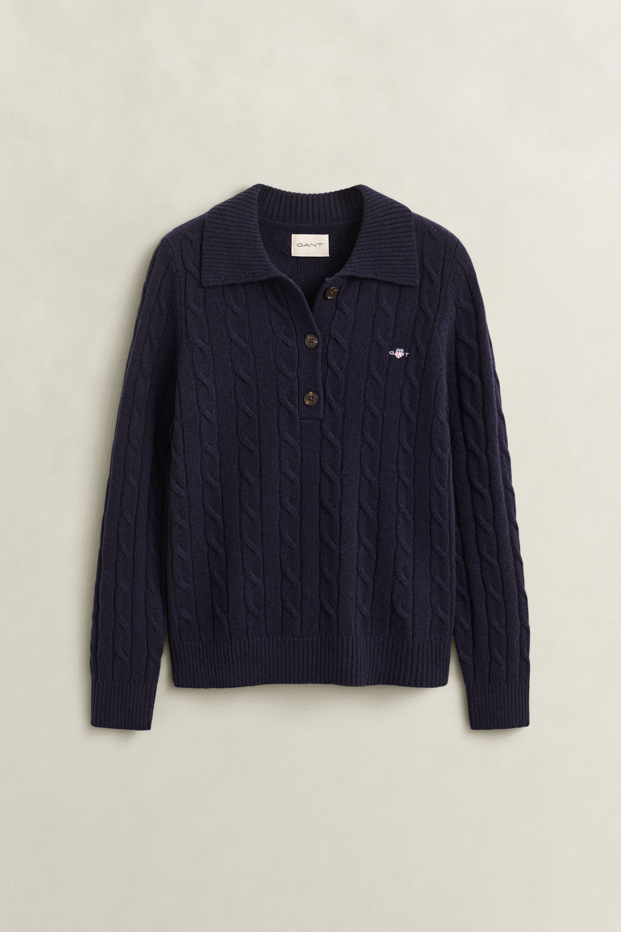 Lambswool Cable Knit Rugger — EVENING BLUE