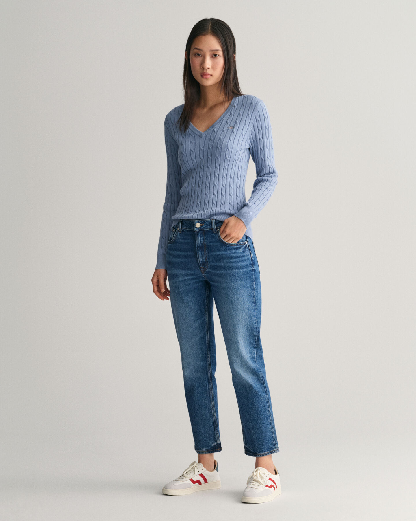 Stretch Cotton Cable Knit VNeck Sweater GANT