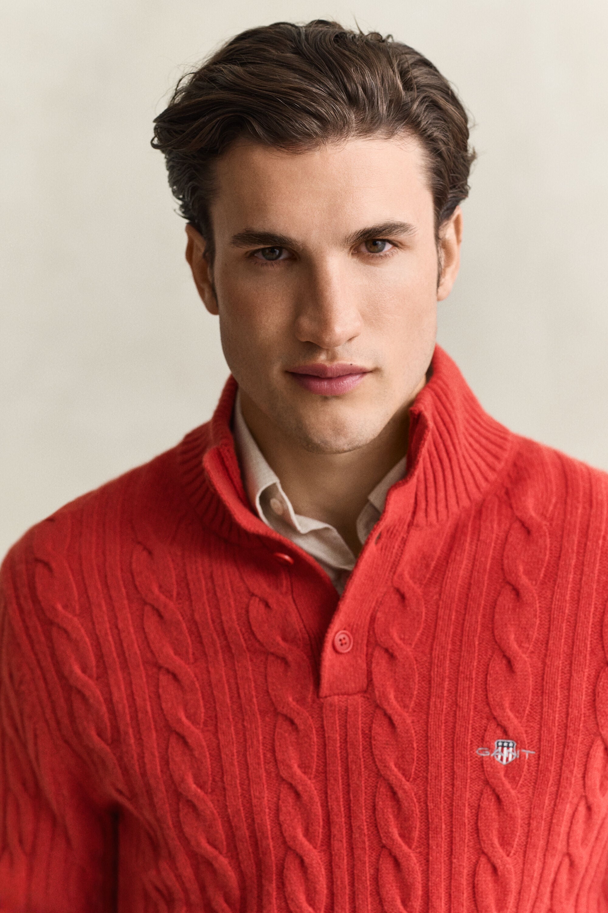 Lambswool Cable Knit Half-Buttoned Sweater