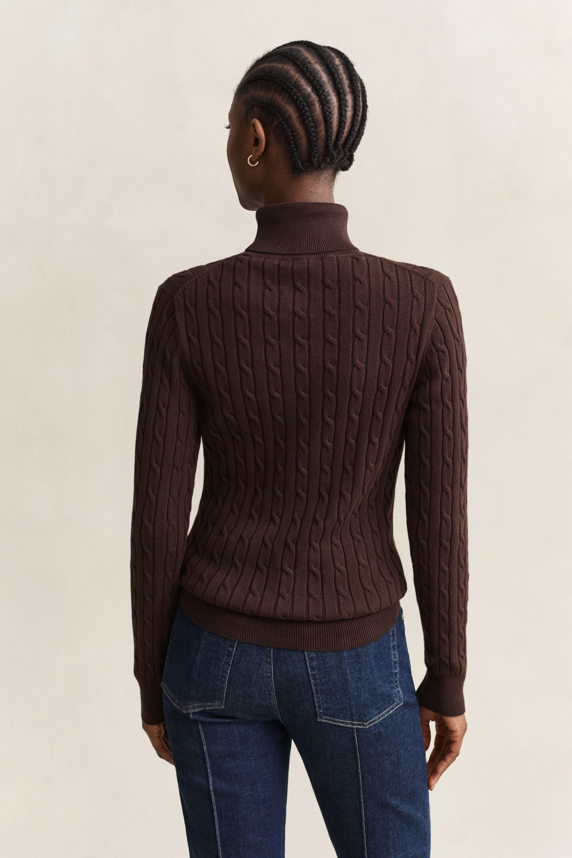 Stretch Cotton Cable Knit Turtleneck Sweater