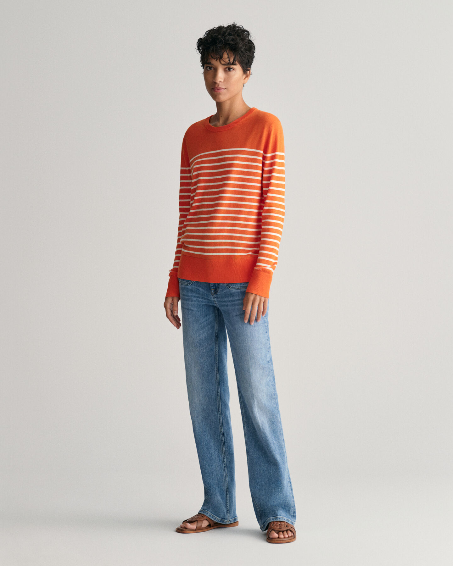 Fine Knit Striped Crew Neck Sweater