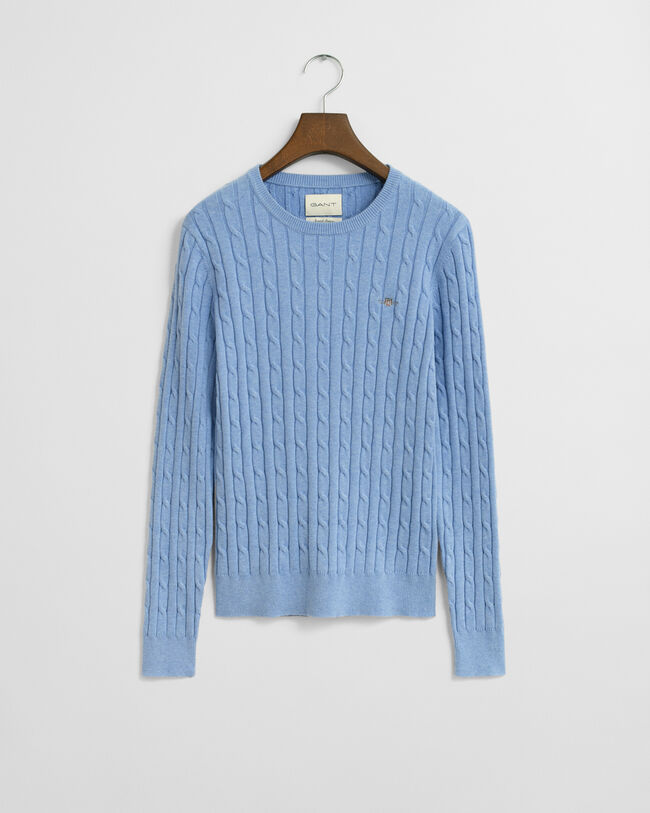 Stretch Cotton Cable Knit Crew Neck Sweater