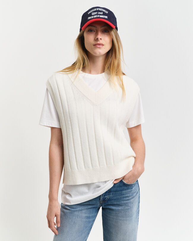 Wide Ribbed Wool V-Neck Sweater Vest