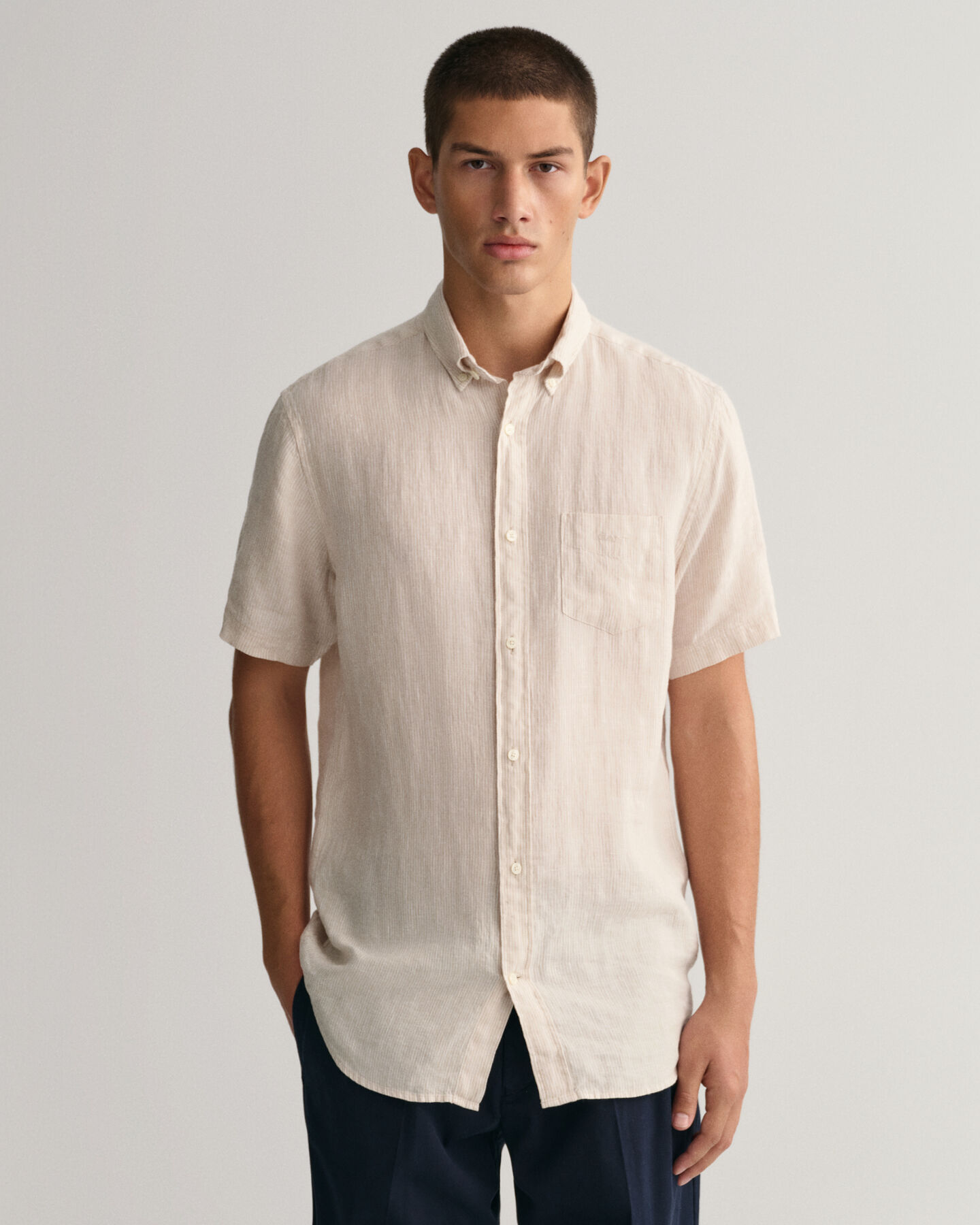 Regular Fit Striped Linen Short Sleeve Shirt