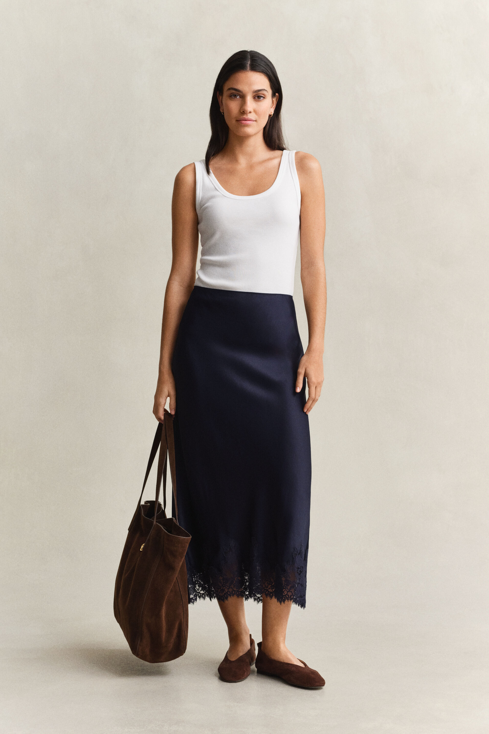 Satin Lace Midi Skirt