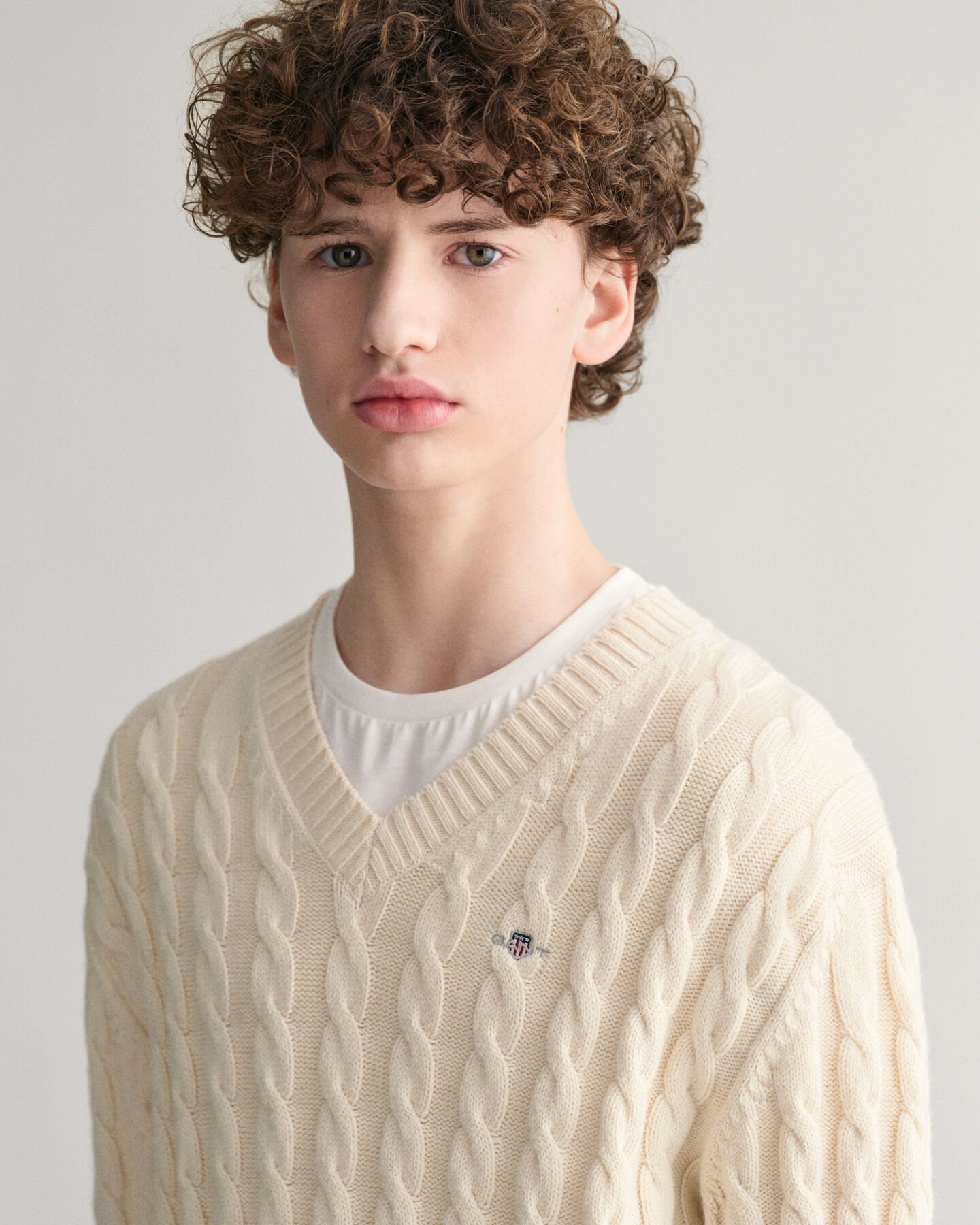 Teens Shield Cable Knit V-Neck Sweater