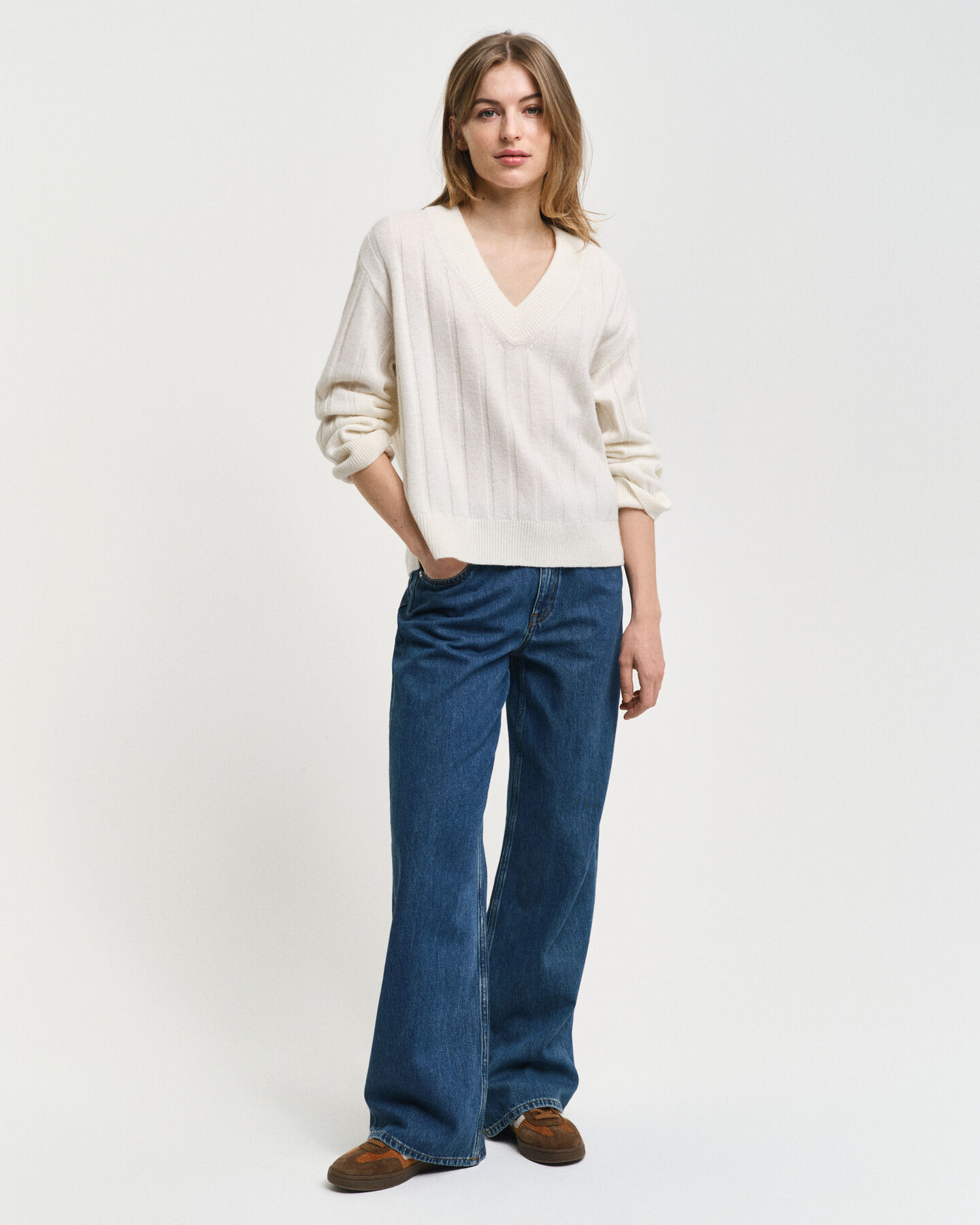 Wide Ribbed Wool V-Neck Sweater