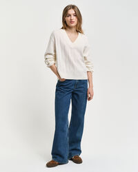 Wide Ribbed Wool V-Neck Sweater