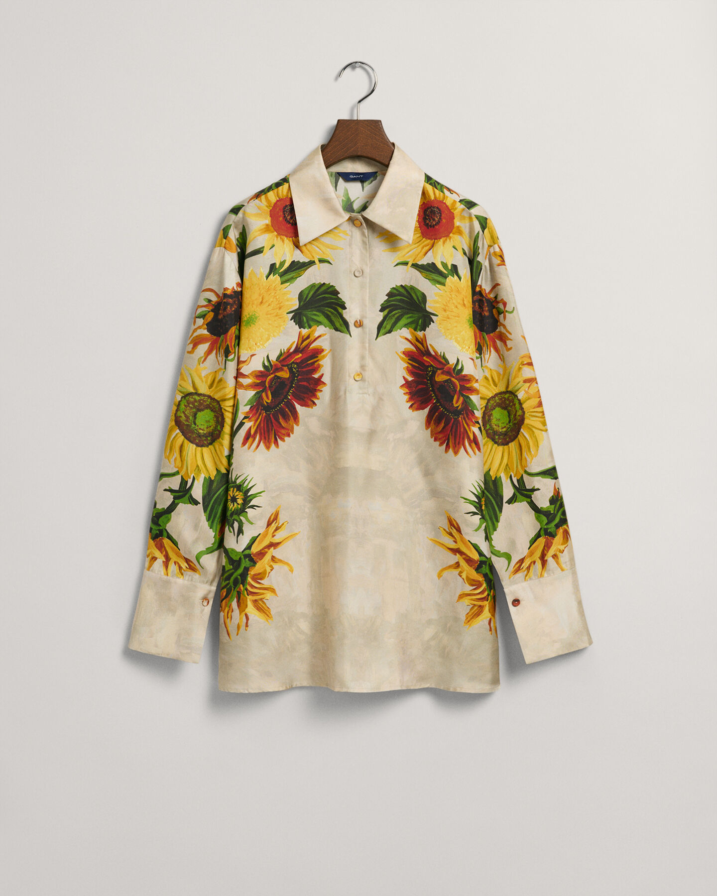 Sunflower Print Popover Silk Blouse