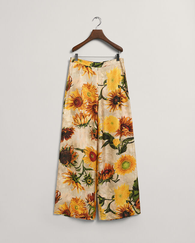Sunflower Print Wide Leg Silk Pants