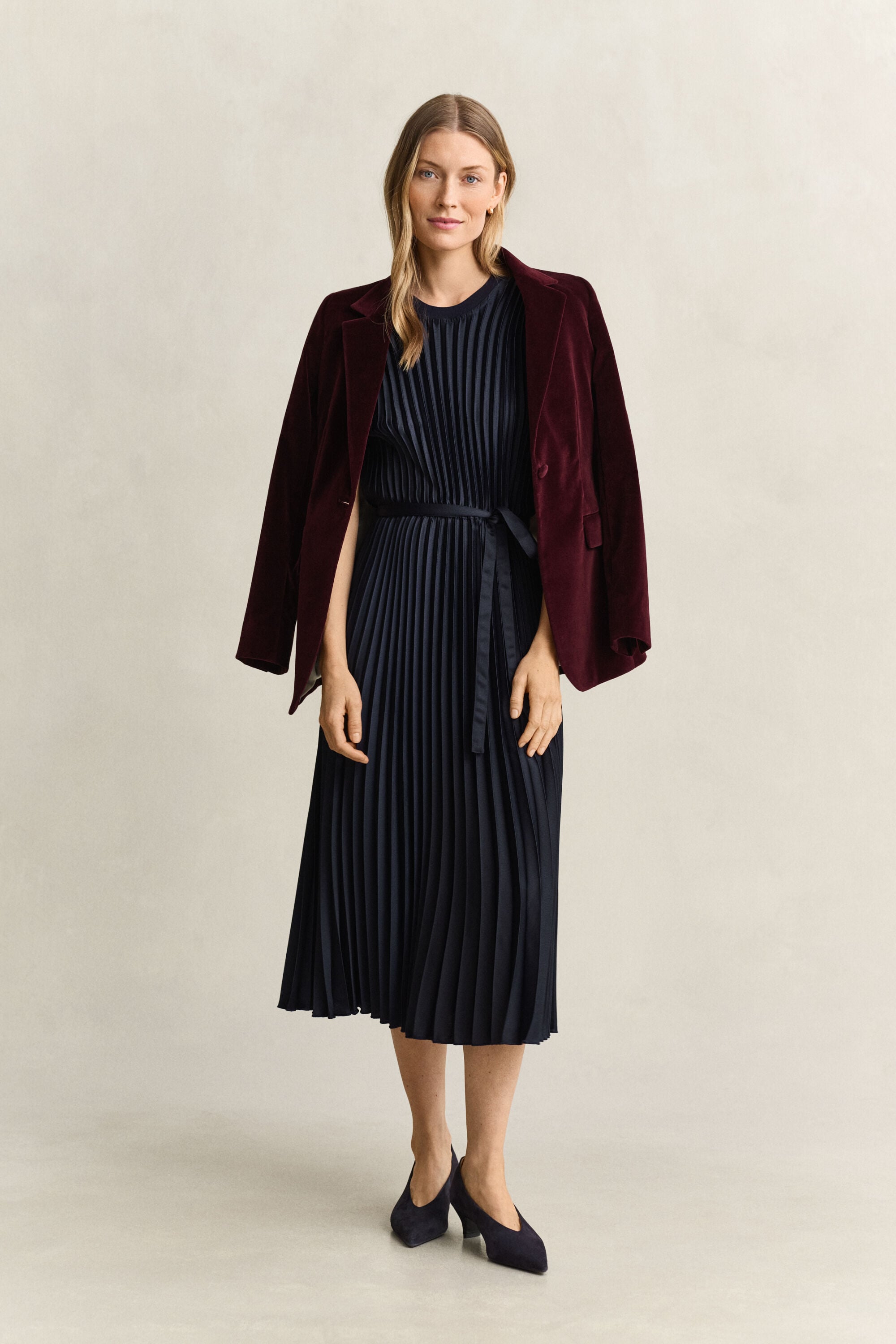 Pleated Belted Dress — EVENING BLUE