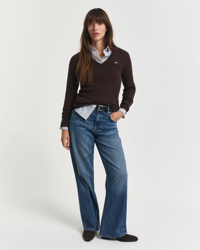 Stretch Cotton Cable Knit V-Neck Sweater