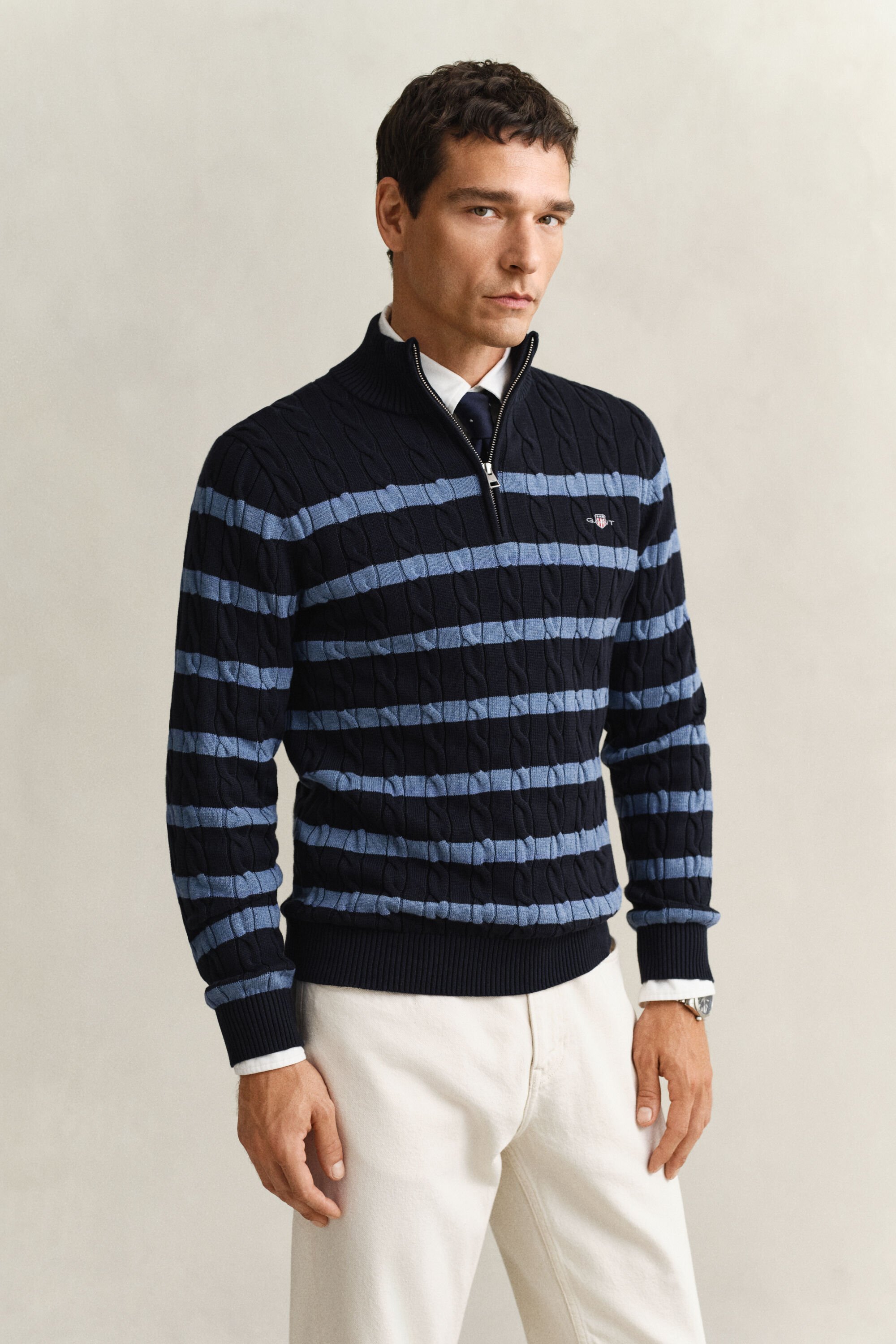 Striped Cotton Cable Knit Half-Zip Sweater