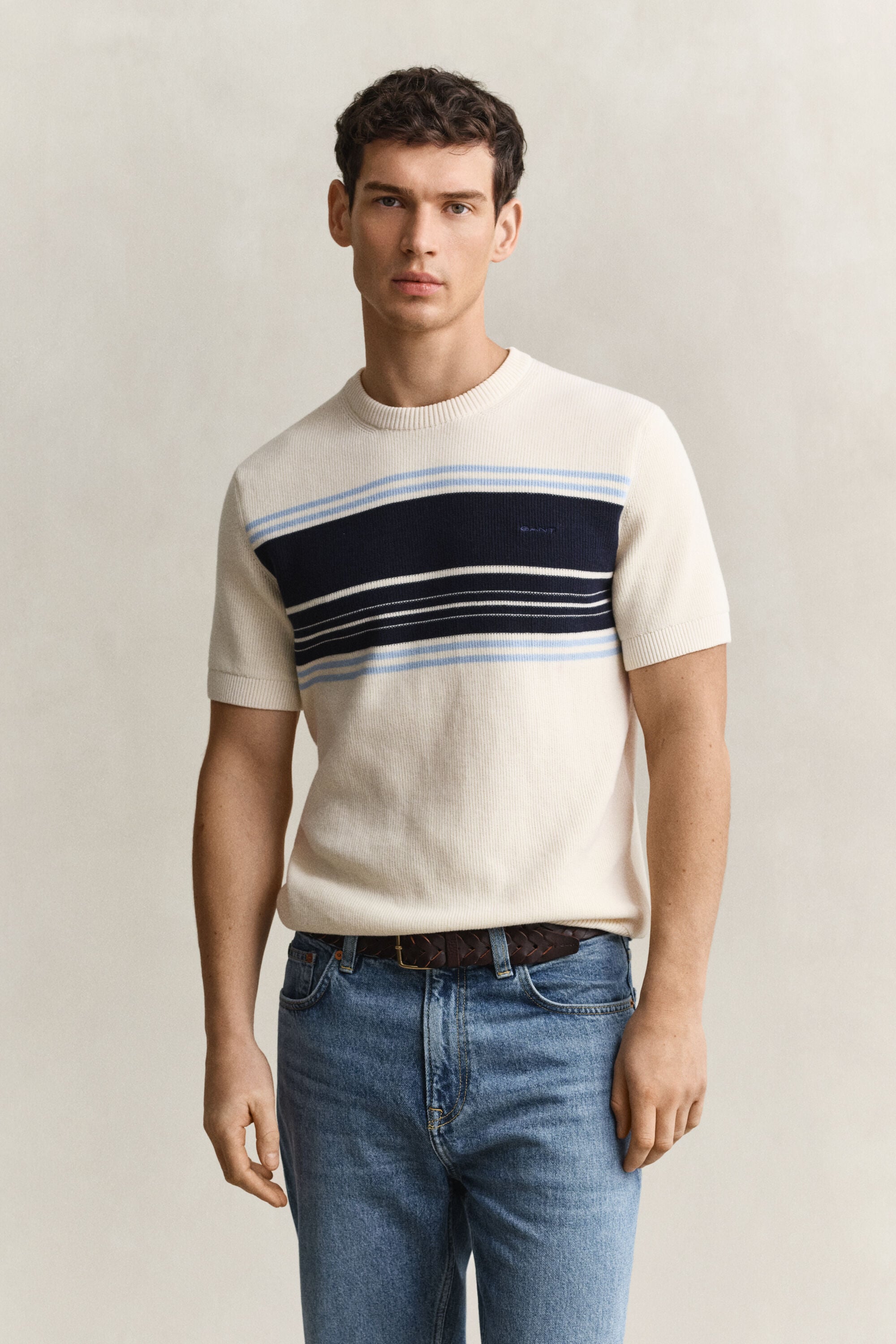 Striped Cotton Rib Short Sleeve Sweater
