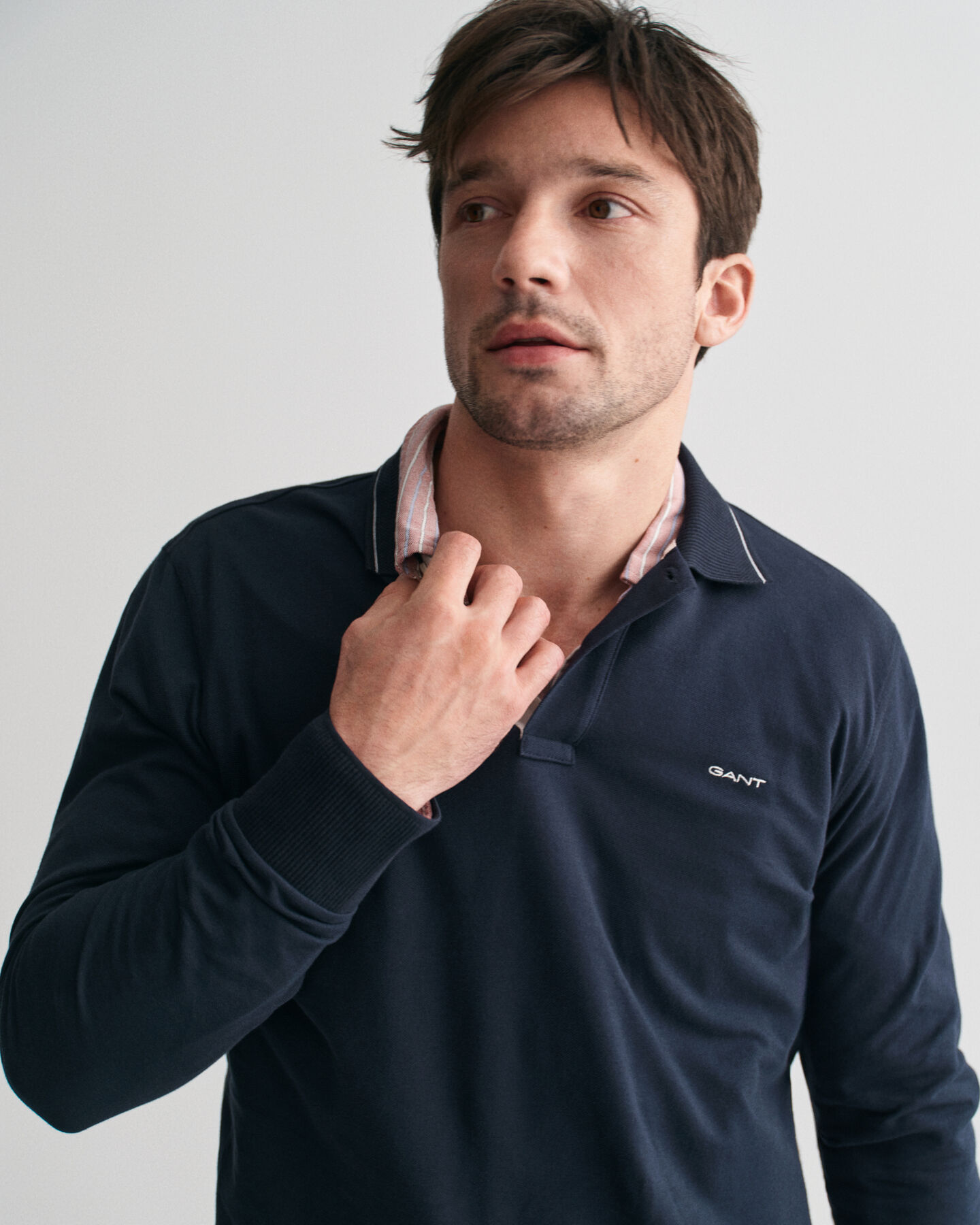 Textured Collar Long Sleeve Polo Shirt