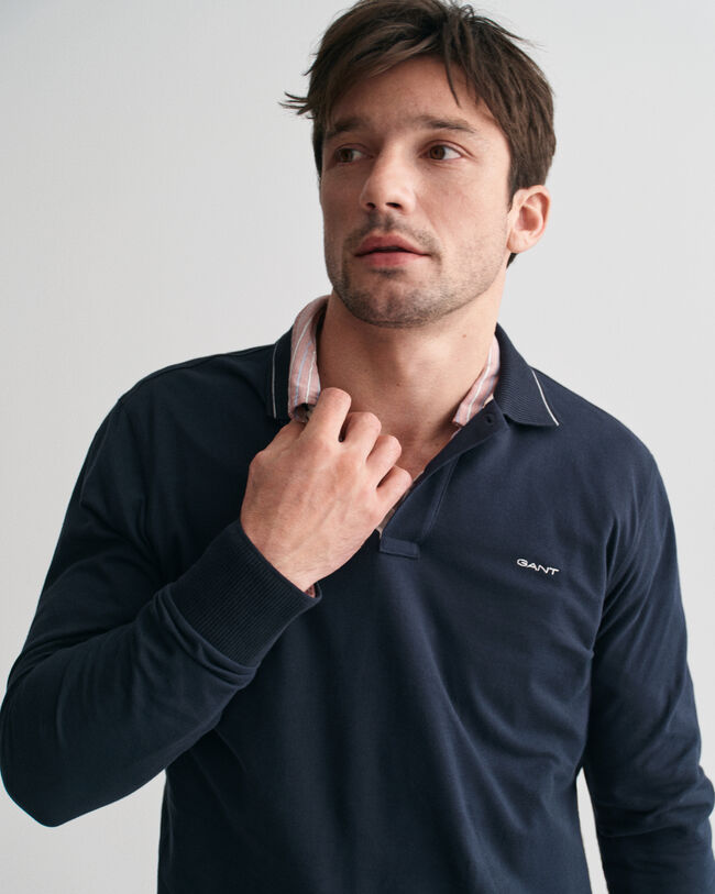 Textured Collar Long Sleeve Polo Shirt
