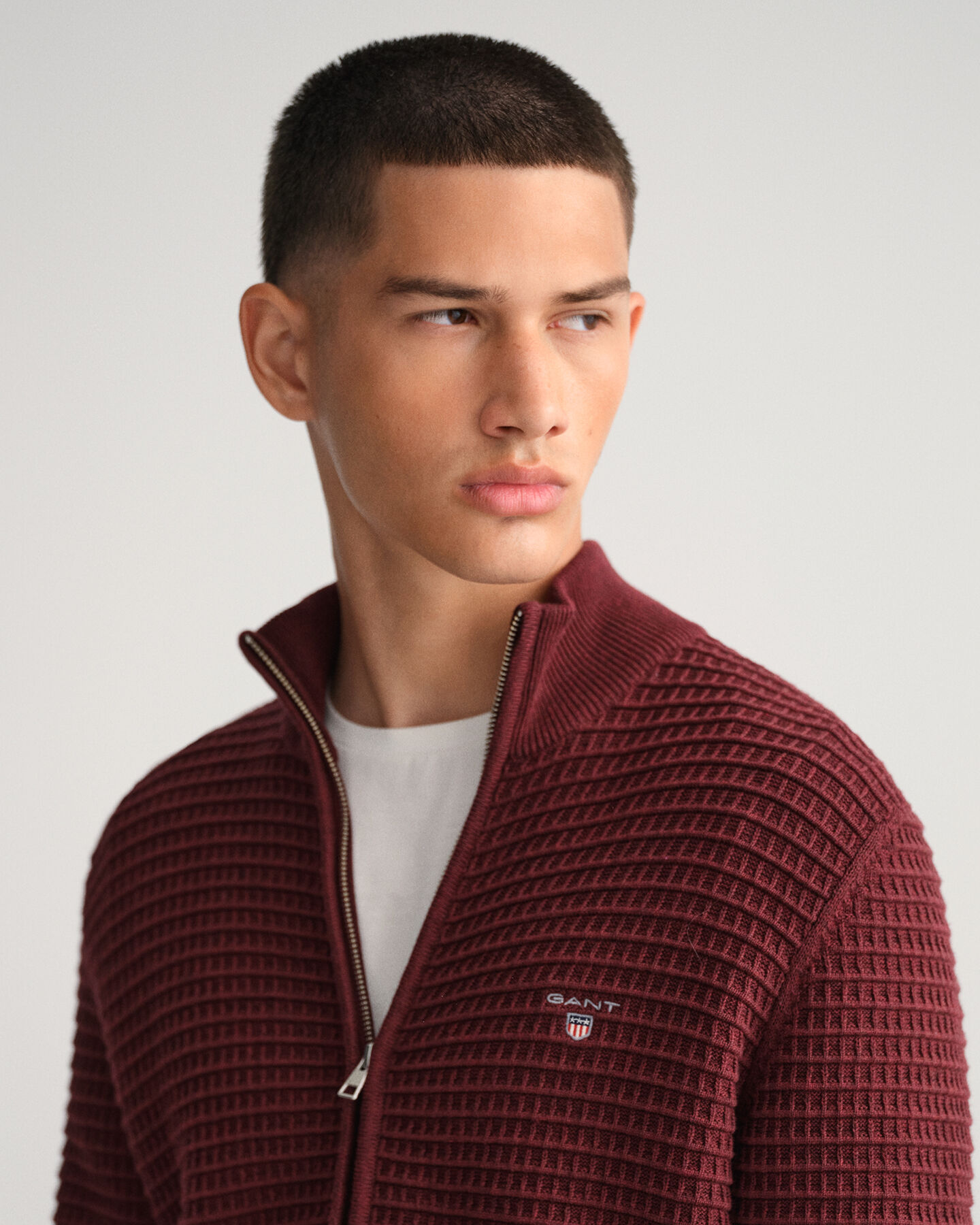 Cotton Texture Full-Zip Sweater