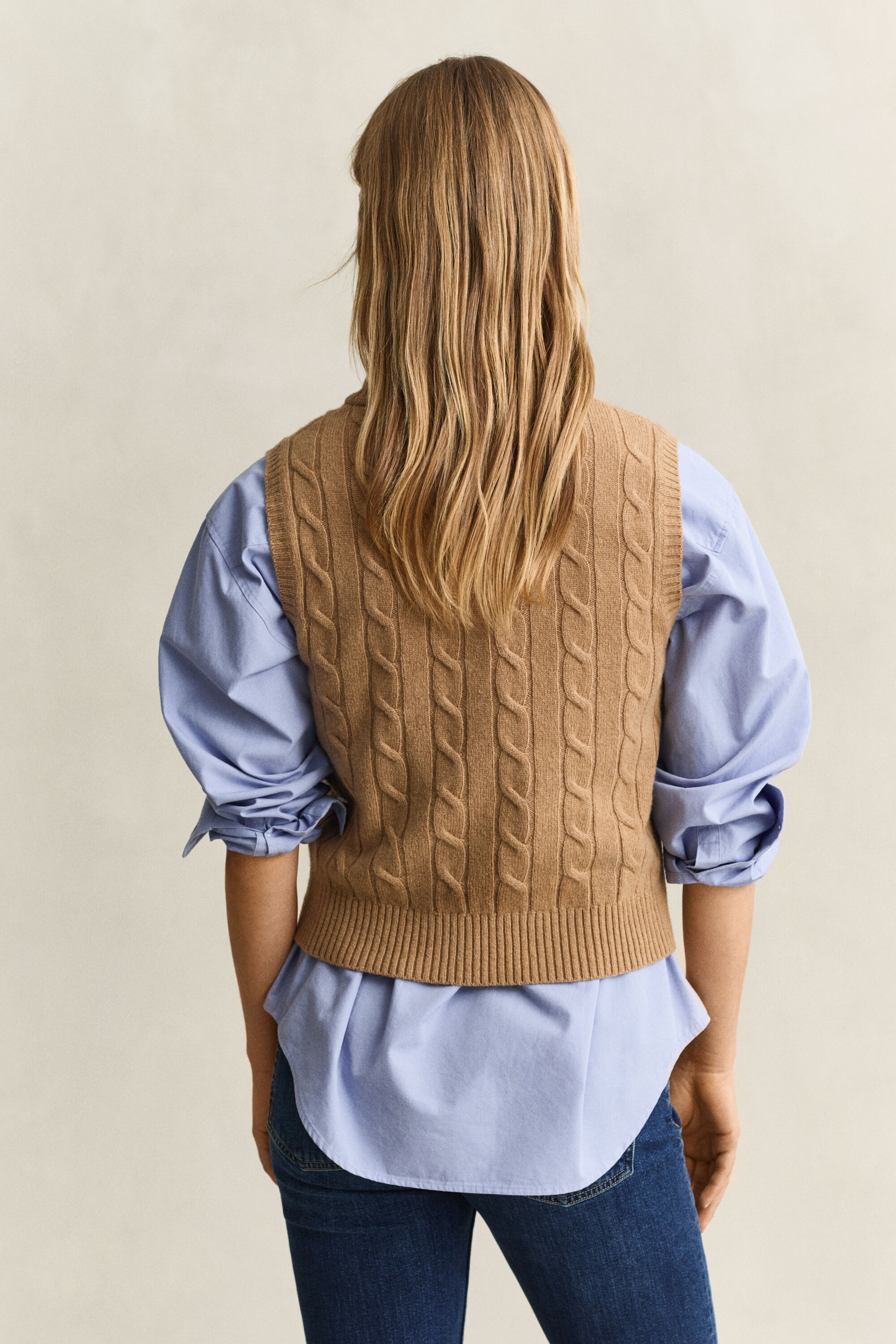 Lambswool Cable Knit Vest — WARM KHAKI