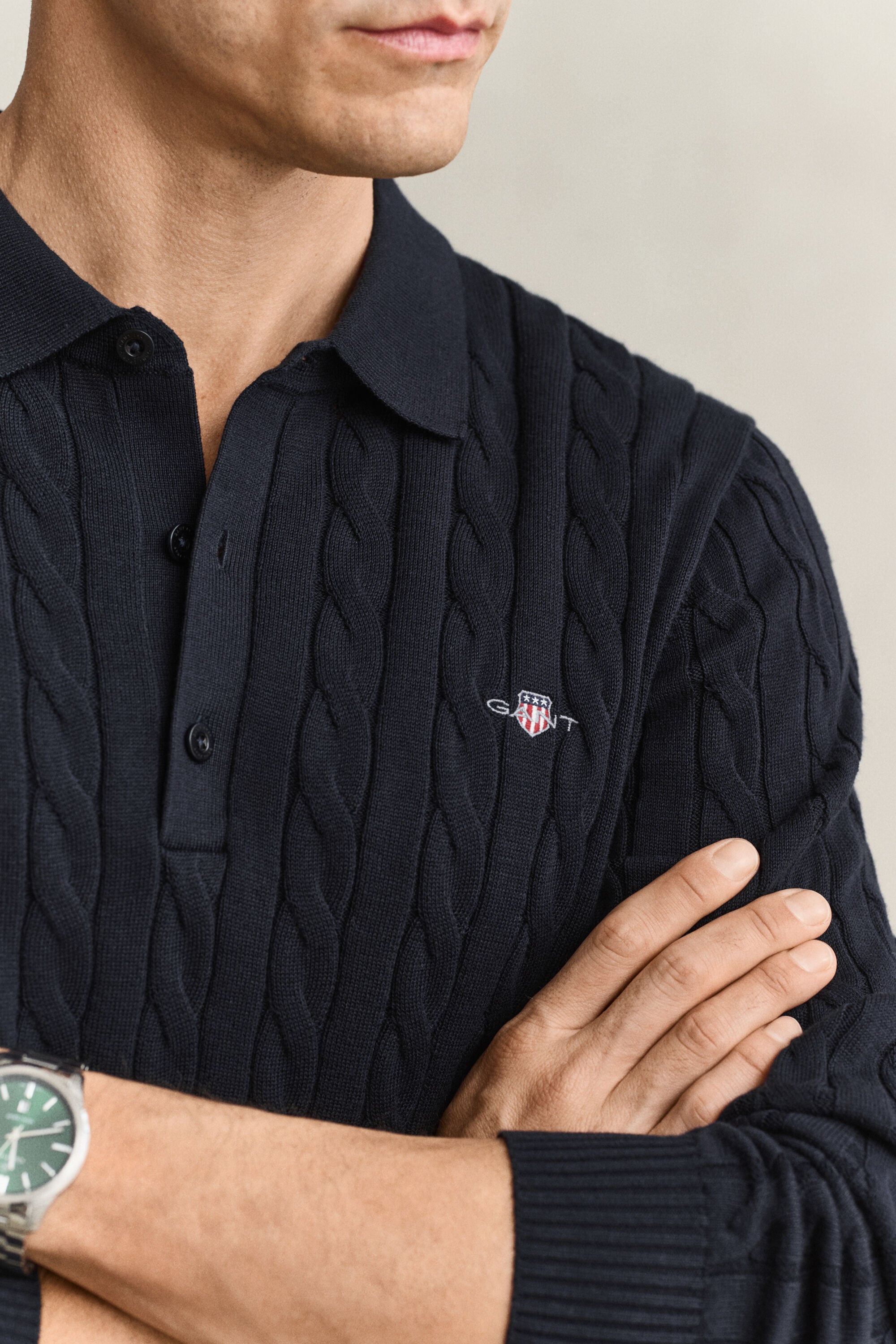 Cotton Cable Knit Polo Sweater