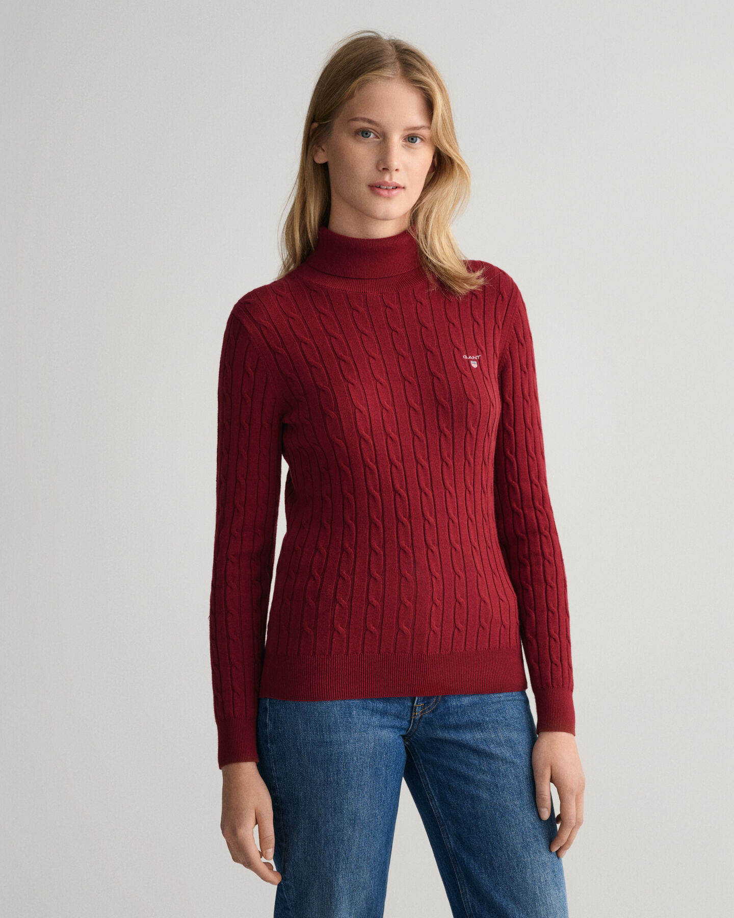 Stretch Cotton Cable Turtleneck