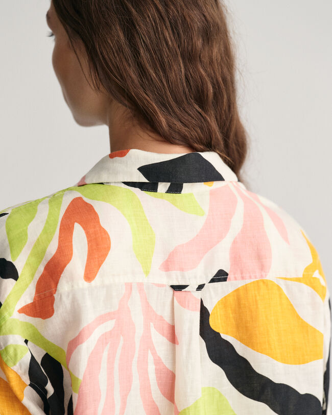 Relaxed Fit Palm Print Linen Short Sleeve Shirt