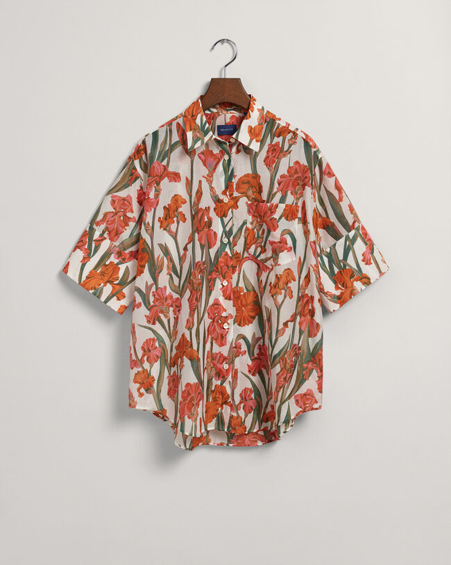 Iris Print Cotton Silk Short Sleeve Shirt